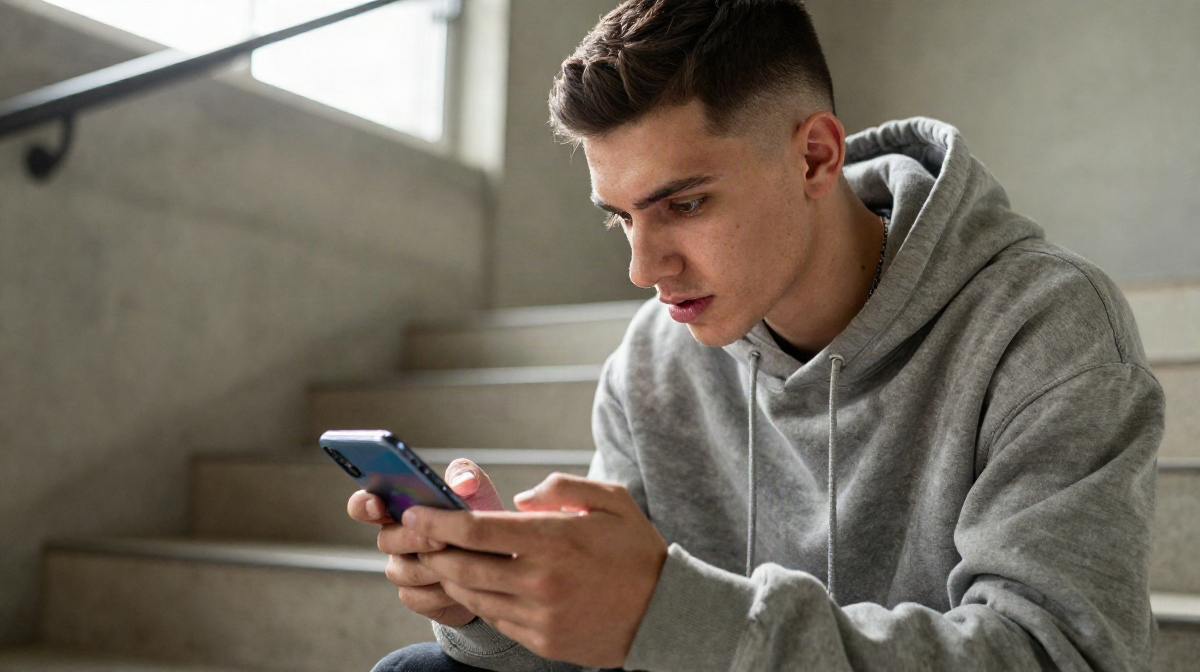 Мужчина с Android-смартфоном на лестничной клетке — мобильная версия сайта